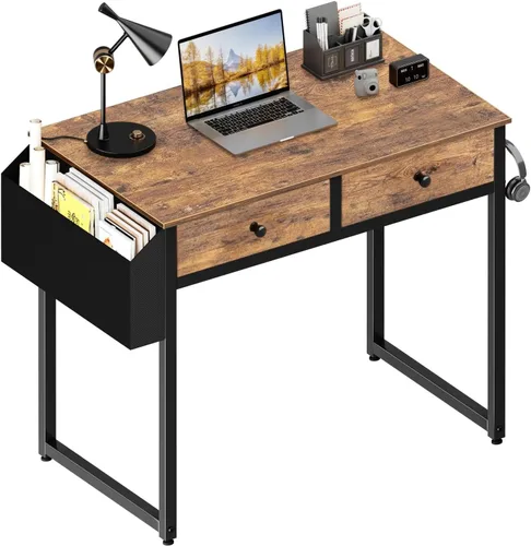 Miniatura 10 de Lufeiya - Escritorio con cajones para dormitorio, oficina en casa, con 3 cajones de almacenamiento de tela y bolsillo, mesa de estudio para Marrón