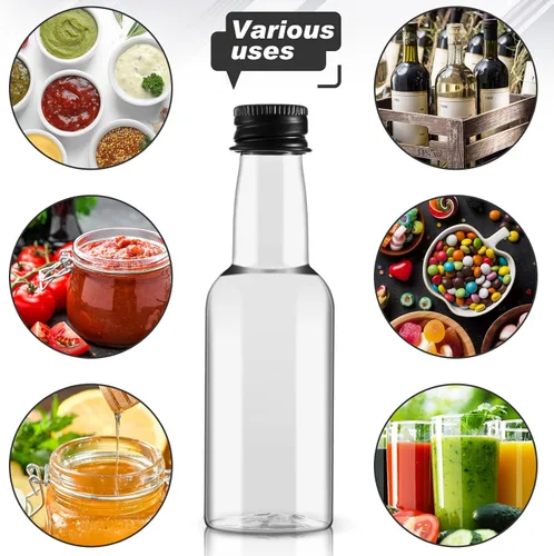 Miniatura 7 de Tessco 100 Piezas Botellas Pequeñas de Licor de Plástico Mini Botella de Aderezo para Ensalada Navidad Pequeños Chupitos de Alcohol con Tapa Vino