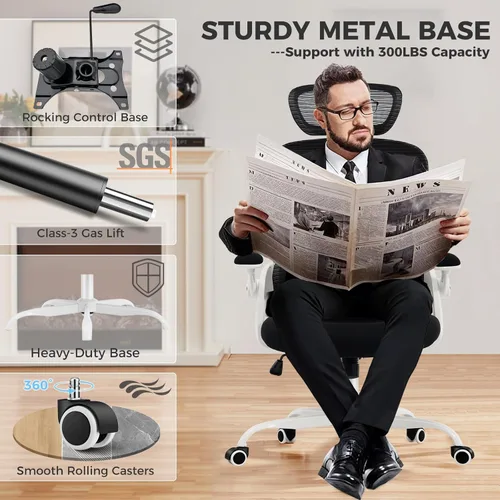 Miniatura 8 de Silla de oficina ergonómica, silla de escritorio de malla con soporte lumbar ajustable 2D, alivia el dolor de espalda durante largos días de trabajo