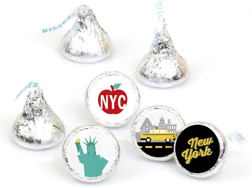 Big Dot of Happiness NYC Cityscape - Adhesivo redondo para fiesta de la ciudad de Nueva York, etiquetas para dulces de chocolate (1 hoja de 108)