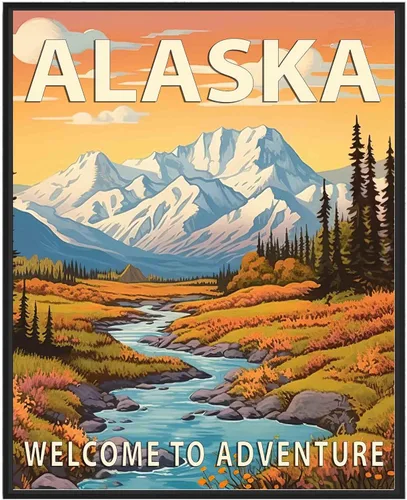 Póster artístico de Alaska, decoración artística de paisaje retro de Estados Unidos, pintura de montaña y paisaje de aventura para dormitorio, sala
