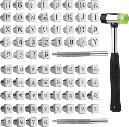 Wonvoc Herramientas para Estampado de Cuero, 75 Piezas de Herramientas para Tallado de Cuero, Patrones de Letras y Números, Martillo para Tallado de