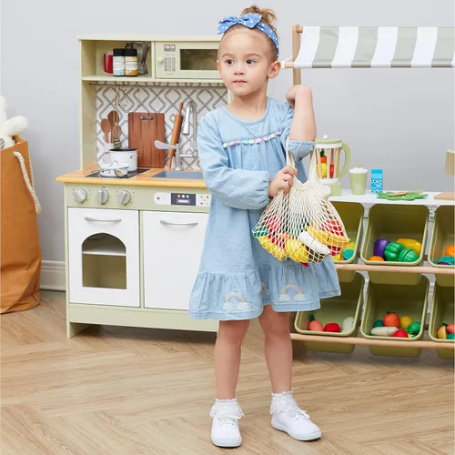 Miniatura 7 de Teamson Kids Little Chef Frankfurt - Juego de 21 alimentos de madera con frutas y verduras y bolsa de malla para comestibles, multicolor, verde