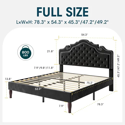 Miniatura 2 de WEEWAY Base de cama de plataforma de tamaño matrimonial con tiara ajustable de terciopelo, cabecero curvado y alta resistencia, botón tapizado