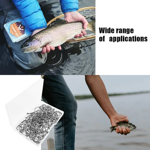 Miniatura 6 de Anzuelos de pesca, paquete de 100 ganchos circulares, acero de alto carbono, níquel negro, ojo torneado hacia abajo, para surf y pesca, arnés