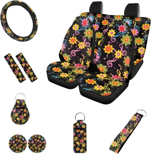 Miniatura 29 de Accesorios estéticos para automóvil, juego completo de fundas de asiento de automóvil con flores bohemias para mujeres, damas, juego de decoración