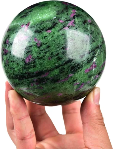 Miniatura 2 de JIC Gem Esfera grande de piedra preciosa de rubí zoisita bola de cristal curativa esfera de cristal rojo y verde con soporte de madera bola