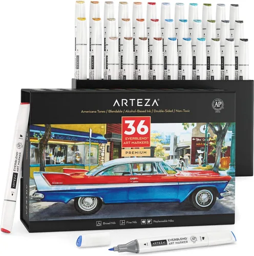 ARTEZA - Juego de marcadores de arte a base de alcohol de 36 tonos Americana, punta media y punta fina biselada, marcadores de doble punta para