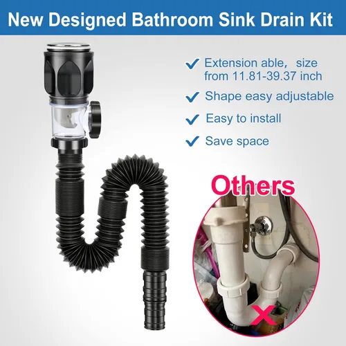 Miniatura 4 de Kit de drenaje de lavabo de baño: kit de drenaje flexible con tubo de drenaje para fregadero flexible y expandible P-tramp, trampa rápida con tapón