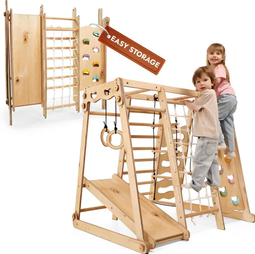 Goodevas Improves 9-in-1 Indoor Climbing Frame for Kids, Montessori Climbing Frame with Slide, Swing, Climbing Wall, Climbing Triangle - Playground