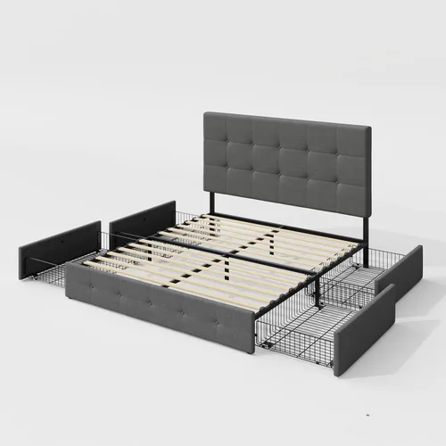 Miniatura 9 de Allewie - Base de cama tapizada de tamaño Full con plataforma, con 4 cajones de almacenamiento y cabecero, diseño cosido en cuadrados con botones
