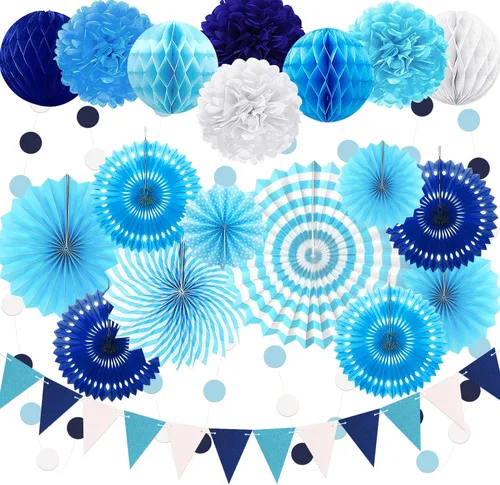 23 piezas de decoraciones de fiesta de cumpleaños azules para niños y hombres, bola de panal azul marino real azul claro, abanicos de papel