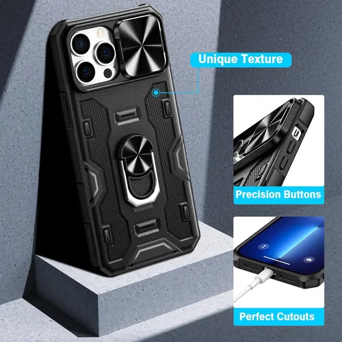 Miniatura 6 de VEGO Funda para iPhone 13 Pro Max/iPhone 12 Pro Max con soporte, cubierta deslizante para cámara y funda con clip para cinturón, funda protectora