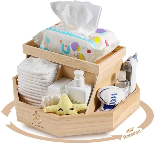 Organizador de pañales de madera, organizador giratorio de 360 grados con divisores extraíbles, organizador de pañales para guardería