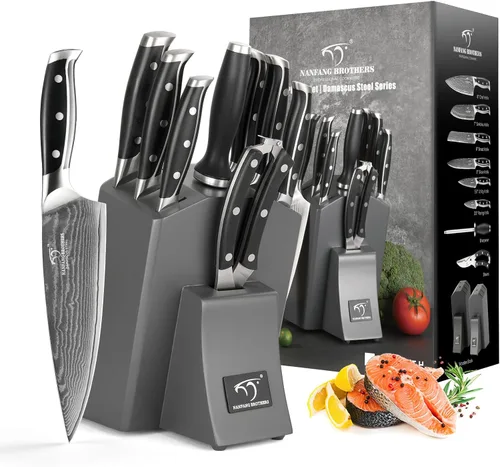 Miniatura 8 de Conjunto de cuchillos de cocina Damasco con bloque - Acero VG10 de 67 capas de afilado al ras, mangos con triple remache, cuchillos de chef, Gris