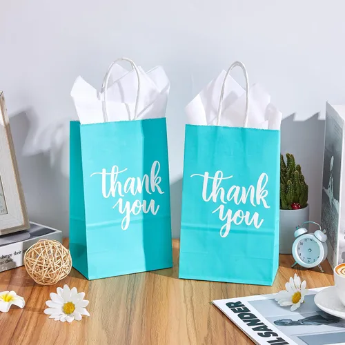 Miniatura 5 de DjinnGlory Paquete de 50 bolsas de papel pequeñas de color verde azulado con asas de 9 x 5.5 x 3.15 pulgadas y 50 bolsas de papel de seda blanco