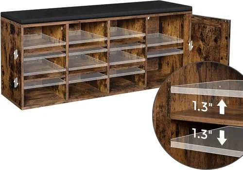 Miniatura 6 de VASAGLE Banco de zapatos, banco de almacenamiento con armario y 9 compartimentos abiertos, estante para zapatos, asiento acolchado, puerta