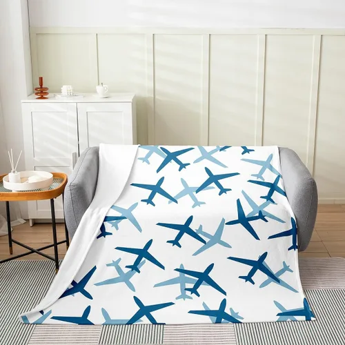 Miniatura 2 de Castle Fairy Manta de forro polar Sherpa con estampado de aviones para niños, manta de franela de dibujos animados para sofá, avión, azul y blanco