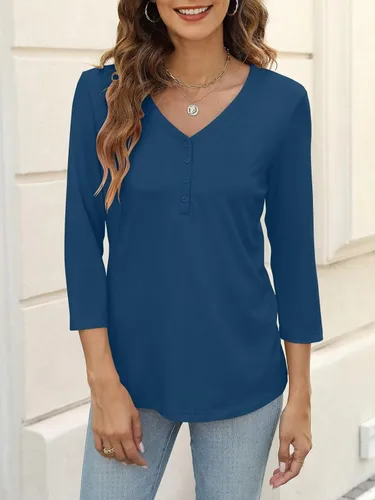 Miniatura 3 de Minetom Camisetas básicas de verano con cuello en V y manga 34 para mujer