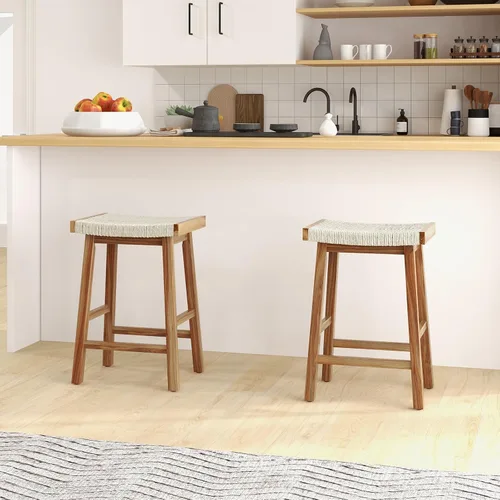 Miniatura 2 de COSTWAY Juego de 2 taburetes de comedor de 25.5 pulgadas de altura de mostrador con asiento tejido de algas marinas, madera de goma, marco de madera