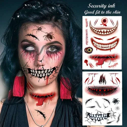 Miniatura 3 de Tatuajes temporales de gran tamaño, 10 hojas de tatuajes de cosplay de Halloween, tatuajes temporales realistas de boca grande, tatuaje de cicatriz