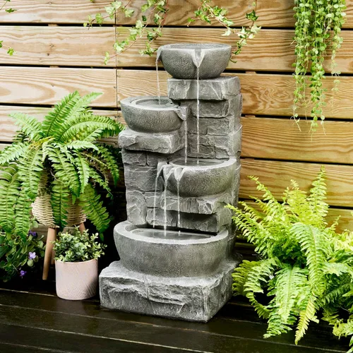 Miniatura 4 de Teamson Home Fuente de Agua LED para Exteriores de 33.25 pulgadas con Tazones en Cascada y Piedras Apiladas para Jardines, Paisajismo, Patios, Gris