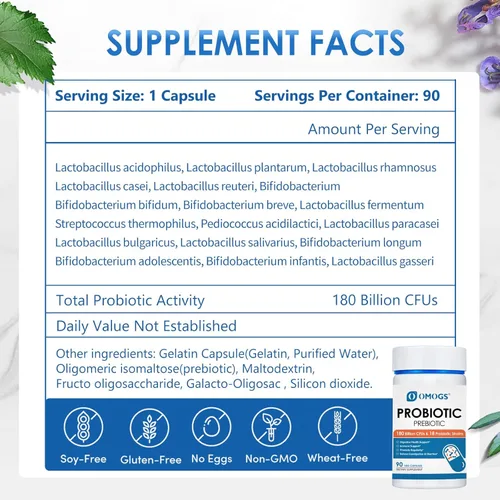 Miniatura 2 de OMOGS Probióticos 180 mil millones de UFC, 18 cepas, 3 prebióticos, ayuda a la digestión, la salud intestinal, el sistema inmunológico, apoya