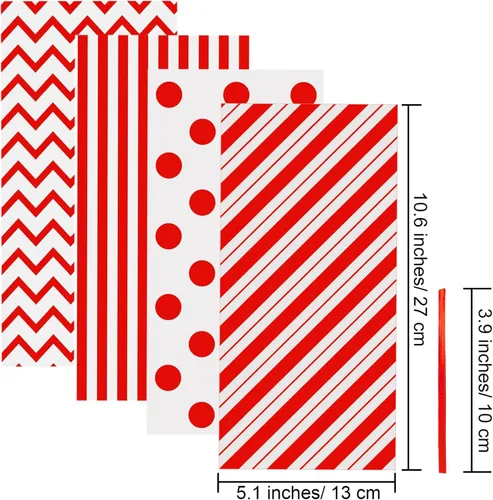 Miniatura 2 de Aneco Paquete de 100 bolsas de celofán rojo de 10.6 x 5.1 pulgadas, bolsas de plástico para dulces, bolsas de regalo, bolsas de regalo con lazos