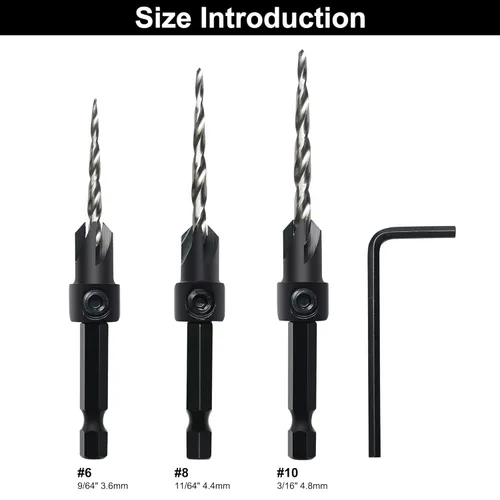Miniatura 2 de Juego de Brocas Avellanadas GMTOOLS, 3 Piezas de Brocas Cónicas M2 HSS, con Vástago Hexagonal de 1/4" de Cambio Rápido y Llave Allen, Juego