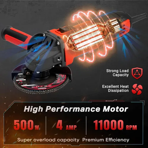 Miniatura 2 de SHALL Amoladora angular de 4-1/2 pulgadas, 11000 RPM, 4 amperios con 2 protecciones, 3 discos de corte, 3 muelas, mango antideslizante, llave