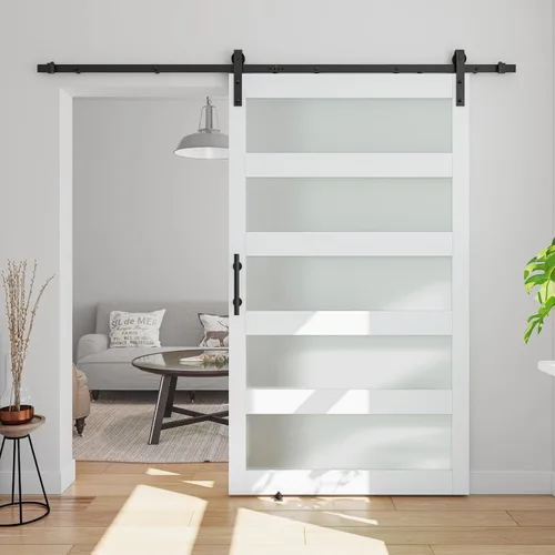 Puerta corrediza de granero de vidrio de 5 paneles de 42 x 84 pulgadas con kit de herrajes de 7 pies incluido, fácil montaje con agujeros Blanco