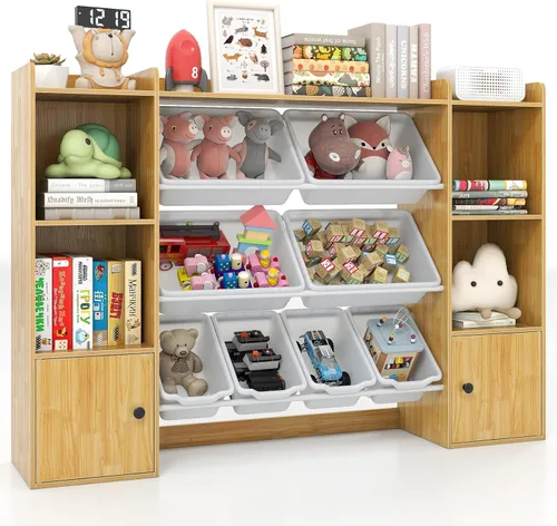 Miniatura 11 de Costzon Organizador de almacenamiento de juguetes para niños con 8 contenedores, estantería de madera para niños pequeños con estantes abiertos