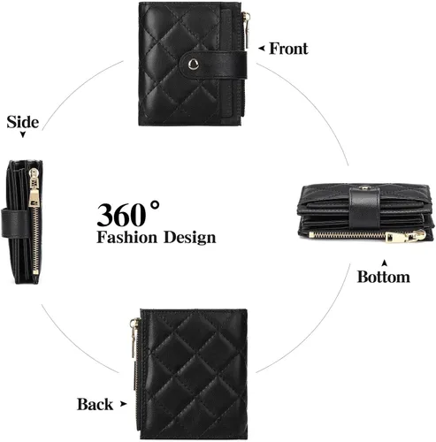 Miniatura 4 de GAEKEAO Cartera pequeña para mujer, de dos pliegues con bloqueo RFID, estuche para tarjetas de crédito con bolsillo con cremallera, A-Negro, Classic