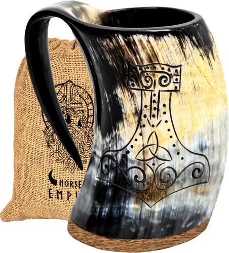 Miniatura 11 de Taza de cuerno de buey vikingo, 16–20 oz (Worthy Mjolnir) Taza de cuerno de buey y stein de café Elegante y hecha a mano para hombres y mujeres