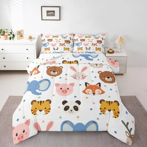 Feelyou Juego de edredón de animales de zoológico, tamaño individual, juego de ropa de cama de animales de dibujos animados para niños, niñas,