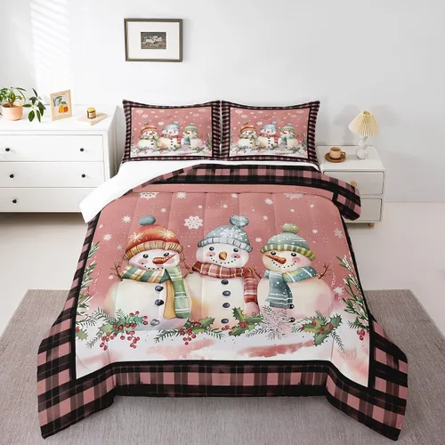 Miniatura 13 de Manfei Juego de edredón de Navidad, tamaño Queen, lindo muñeco de nieve, perros, copo de nieve, edredón con 2 fundas de almohada, juego de ropa