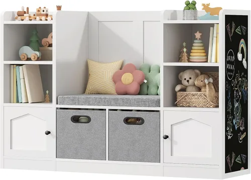 Miniatura 6 de Organizador y almacenamiento de juguetes, estantería para niños con cojín de asiento y pizarra, 2 cajones móviles, caja de almacenamiento