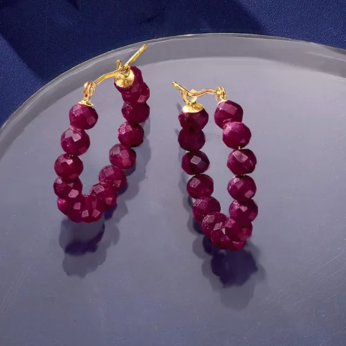 Miniatura 3 de Ross-Simons Pendientes de aro con cuentas de rubí de 13,00 qt t en oro amarillo de 14 quilates, Gema, Rubí