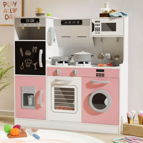 BIERUM Cocina de Juguete con Luces y Sonidos Realistas, Juego de Cocina de Madera con 28 Piezas de Comida de Juguete y Accesorios de Utensilios de