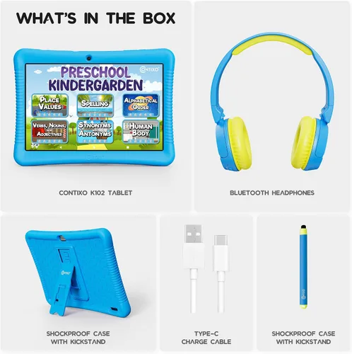 Miniatura 6 de Contixo Paquete de tableta para niños de 10 pulgadas con auriculares, tableta K103 para niños pequeños, más de 80 libros electrónicos y calcomanías