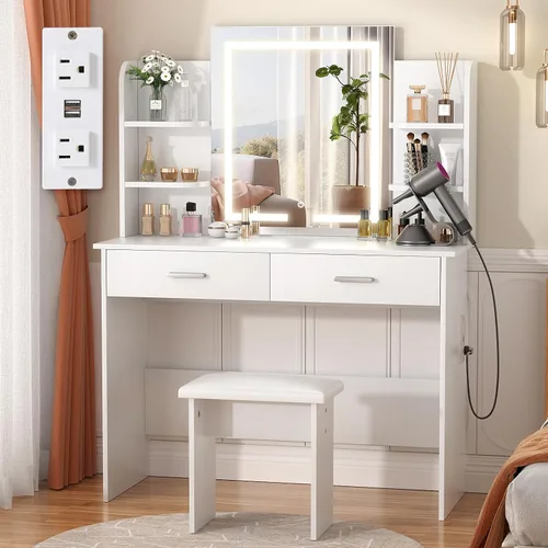 SMOOL Tocador con espejo iluminado, escritorio de maquillaje con toma de corriente, 3 opciones de luz de color, brillo ajustable, mesa de tocador
