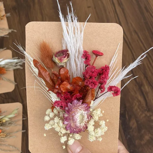 Juego de mini ramos de flores secas de óxido y terracota con tarjeta, arreglos de botellas pequeñas, decoraciones de mesa, regalos de caja de cartas