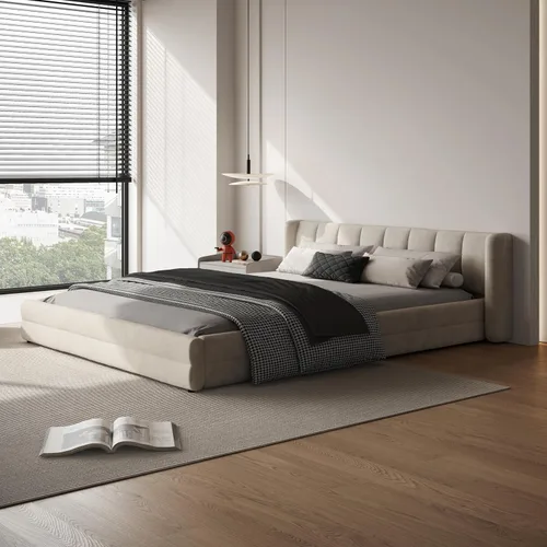 DEINPPA - Marco de cama tamaño Queen con cabecero suave tipo nube, base de cama de madera con tapizado de chenilla, no necesita somier - Beige
