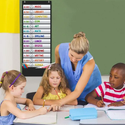 Miniatura 2 de Tabla de bolsillo de horario diario, 13+1 tabla de bolsillo de programación con 18 tarjetas de borrador en seco, gráficos educativos para aula