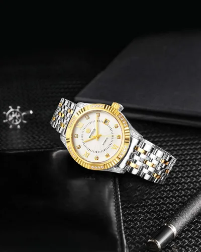 Miniatura 5 de BINLUN Reloj mecánico automático de oro para hombre, correa de cuerda automática respetuosa con la piel, chapado en oro de 18 quilates, relojes