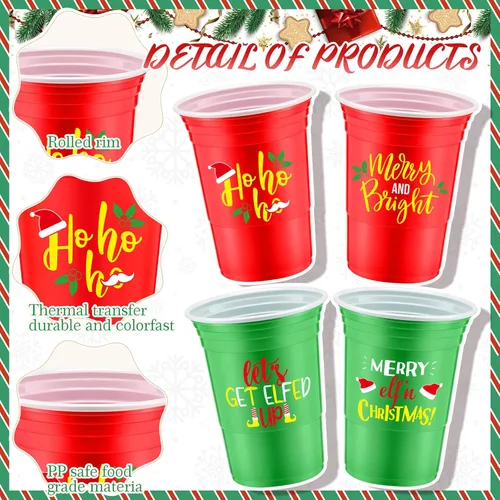 Miniatura 2 de Jinei 100 piezas de vasos desechables de Navidad de 16 onzas, vasos de plástico para fiesta de Navidad, café, chocolate caliente y bebidas frías