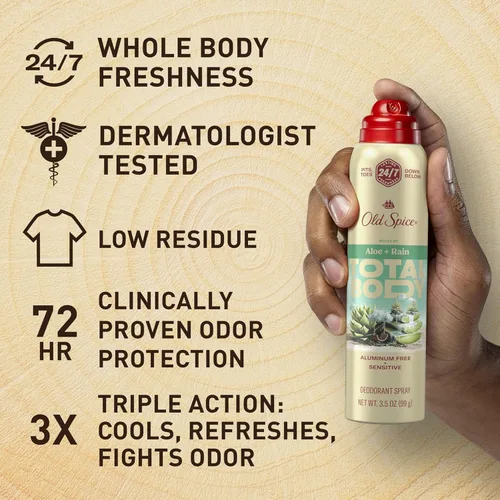 Miniatura 3 de Old Spice Desodorante en aerosol para todo el cuerpo para hombres, sin aluminio, aroma a aloe + lluvia, protección contra olores 24/7, frescura