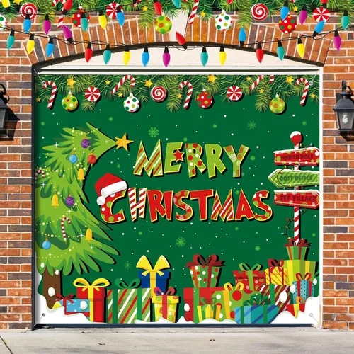 Miniatura 9 de Ganeen Cubierta de Banner para Puerta de Garaje de Navidad de 6 x 13 pies Polo Norte Árbol de Navidad Nevado Fondo de Fotografía Bosque de Invierno
