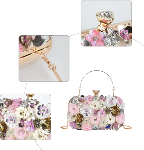 Miniatura 5 de POPIDEO Women's Flower Floral Evening Clutch Bag Wedding Purse Rhinestone Crystal Beaded Cocktail Party Bridal Prom Handbag