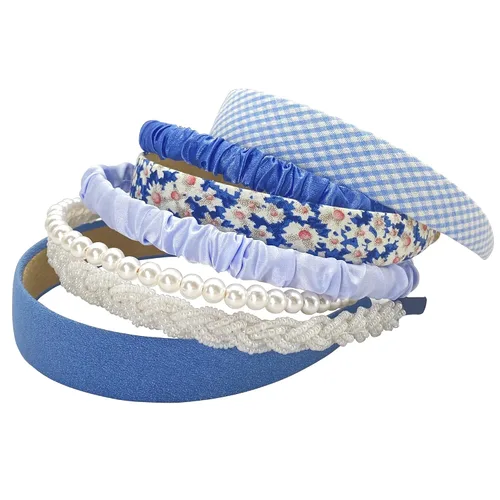 7 diademas de moda diferentes para mujer, diademas de flores antideslizantes, lindas diademas de perlas para niñas, diadema ancha vintage para Azul